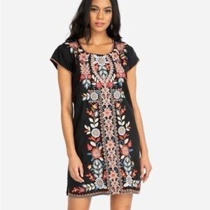 Johnny Was Maise Linen Tunic Black Dress with Colorful Floral Embroidery XL